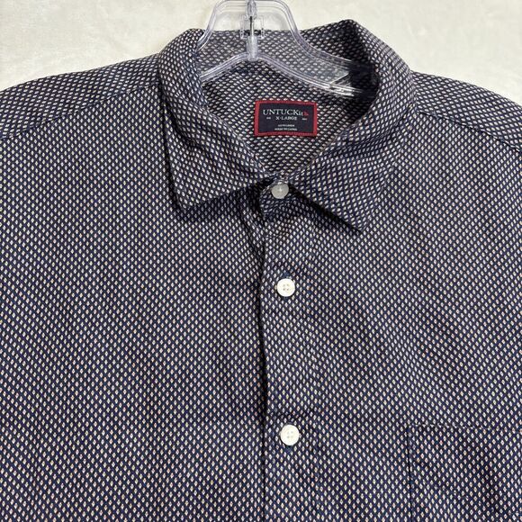 Untuckit Cadalso Button Up Short Sleeve Shirt 100% Linen Geometric Navy Size XL - Picture 8 of 16